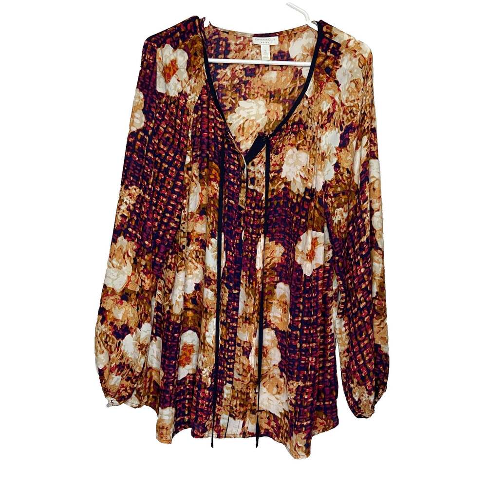 Charter Club Women 1X Floral Blouse Button Up Tassel Long Sleeve Chiffon Pleated